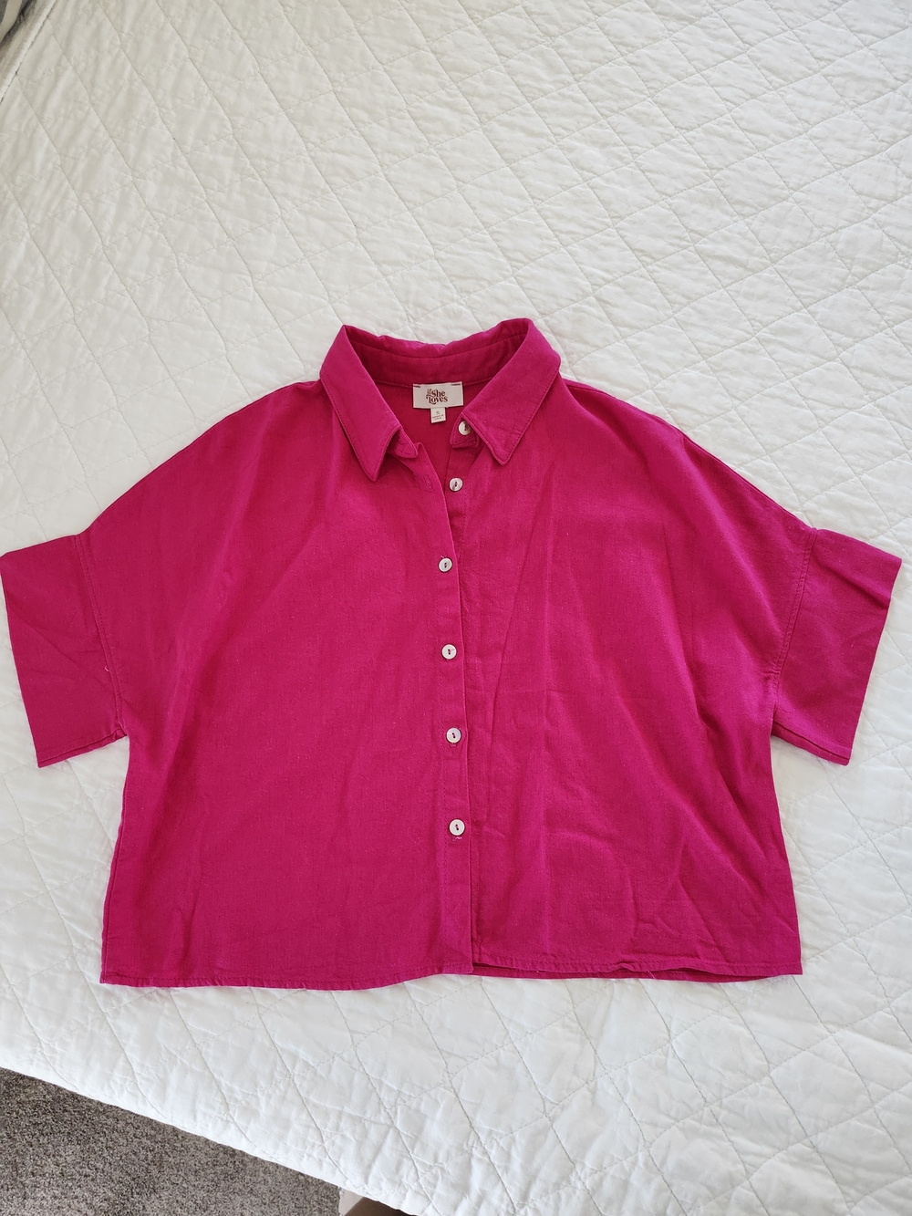 If She Loves Hot Pink Cropped Length Button-Down Shirt, Size S, Made in USA